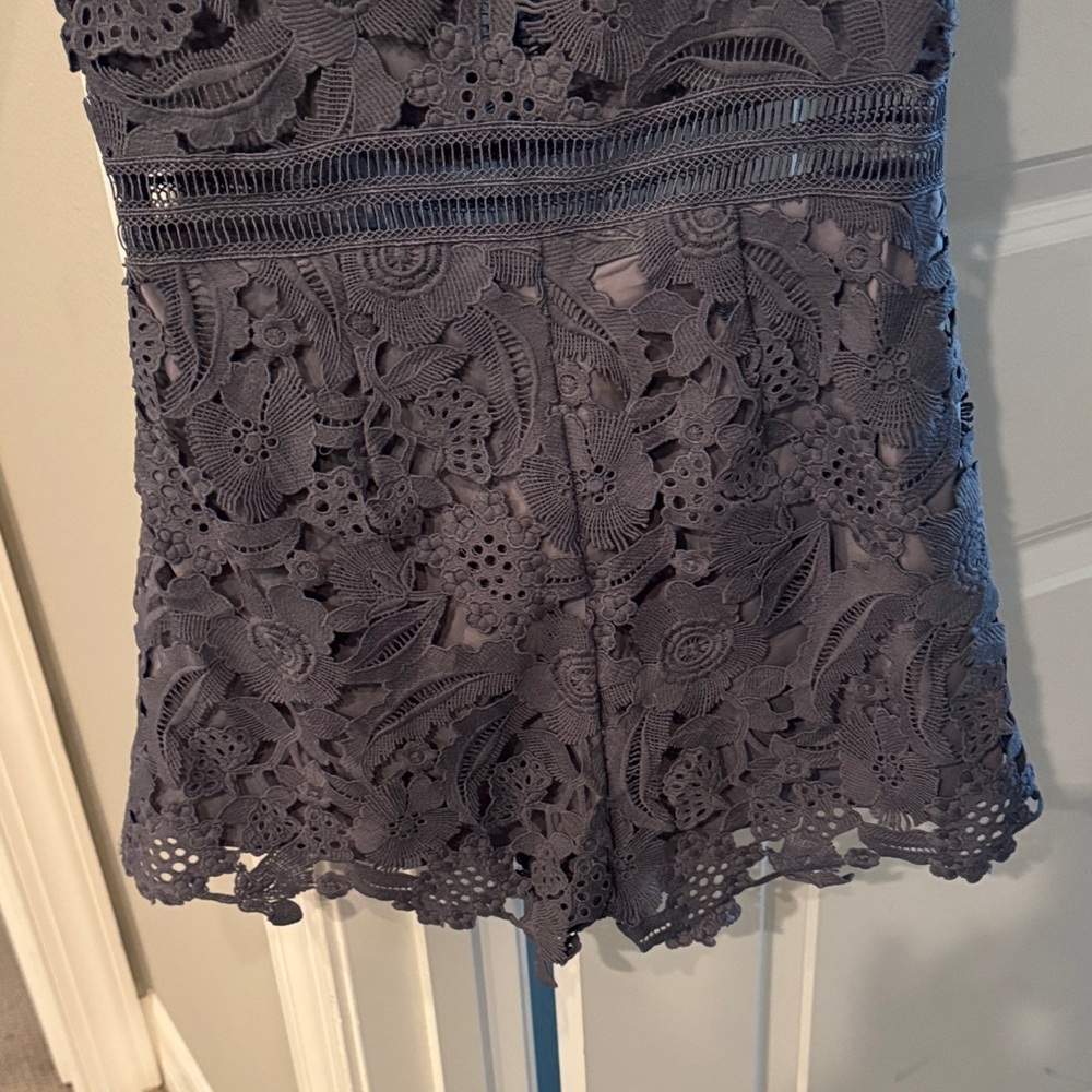 Saylor Mandy Blue Lace Off-Shoulder Romper - Picture 9 of 9